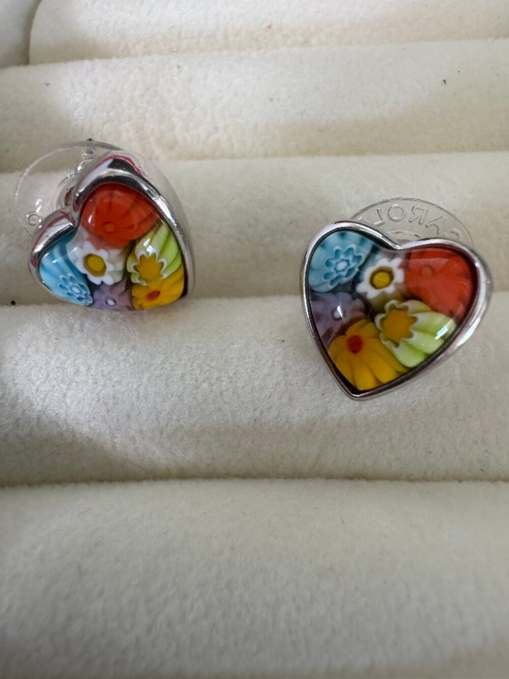 Alan K 925 Sterling Silver Millefiori Murano Glass Heart Floral Stud Earrings
